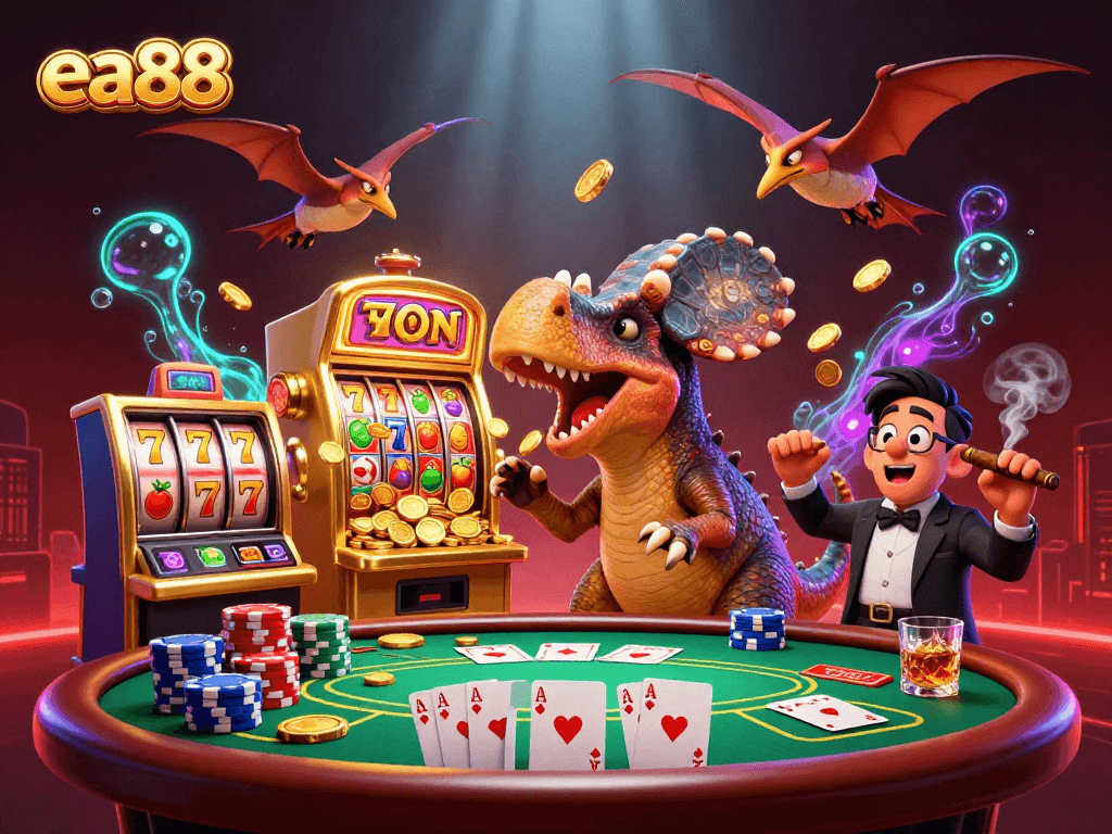 ea88 pachycephalosaurus wins coins at the slot machine amidst a vibrant casino scene