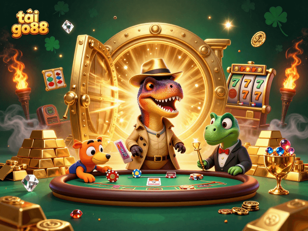 Join the fun at tải go88 while a velociraptor card counter interacts with a pit boss in a lively casino scene.
