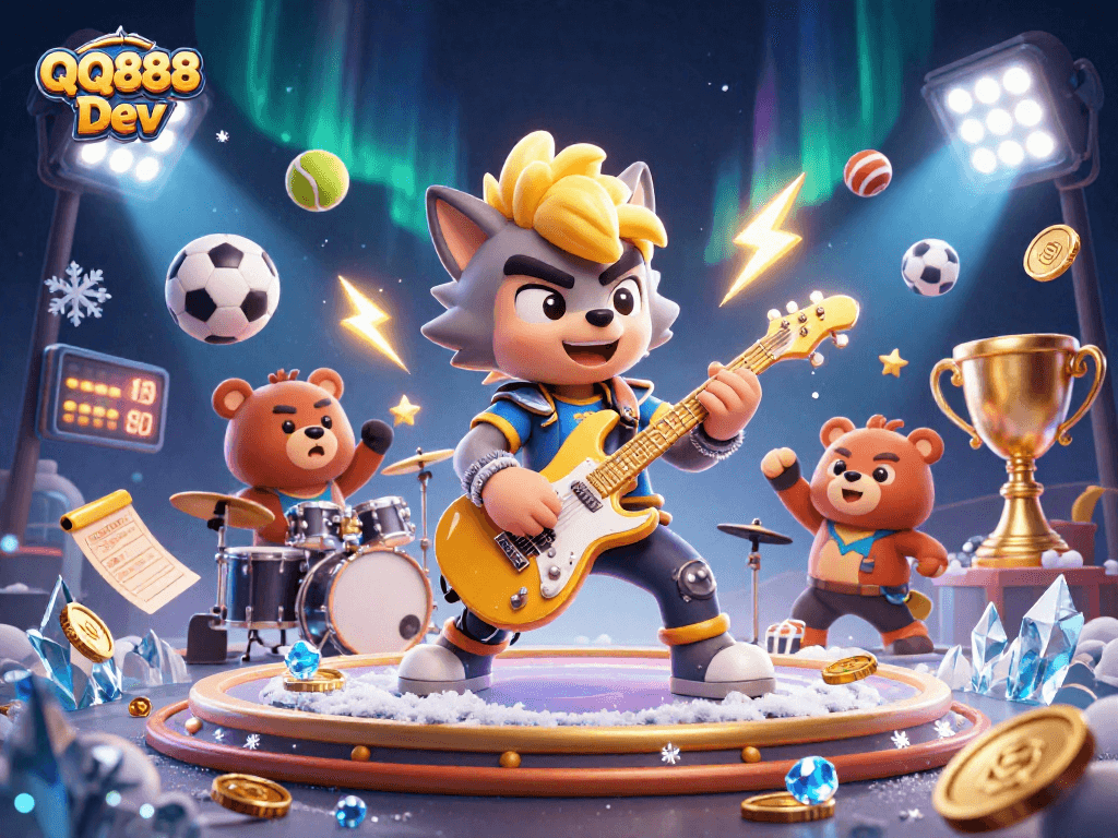 Experience the excitement of QQ888 Dev with a dynamic casino concert scene featuring a rock star wolf and vibrant sports elements.