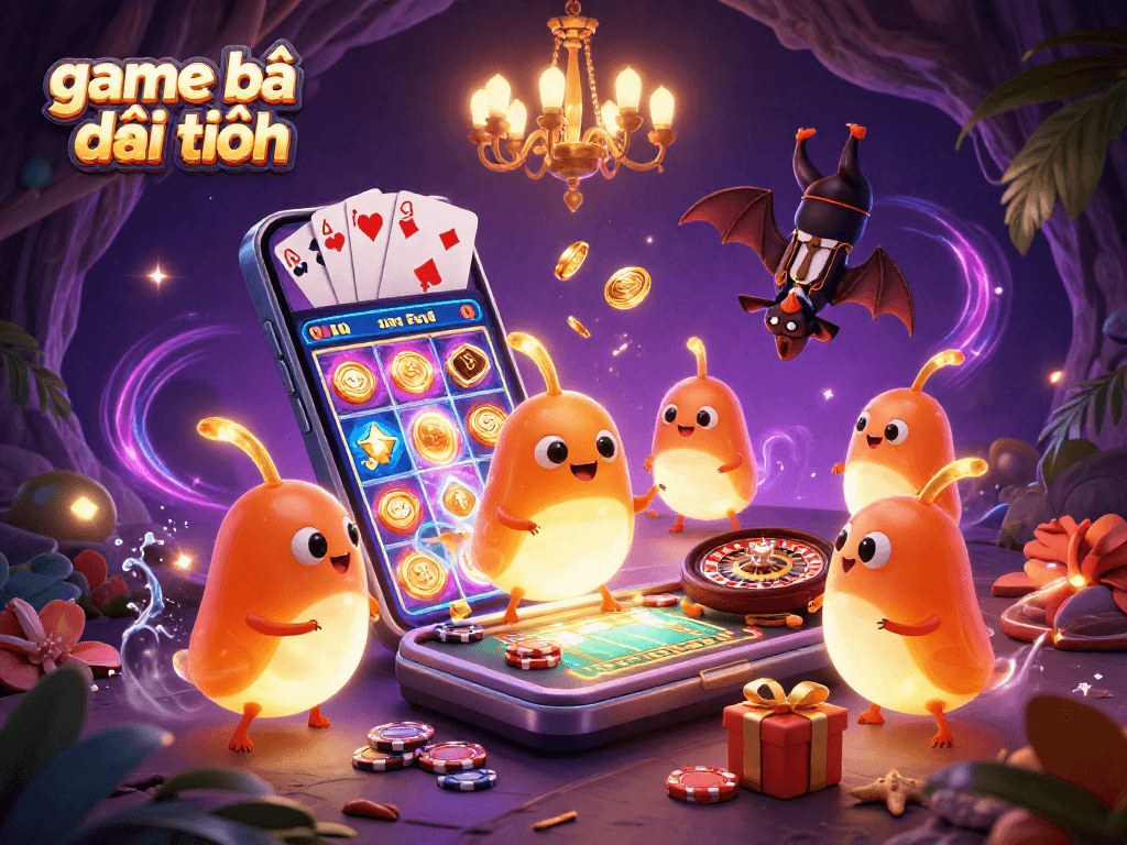 Engage with game bài đổi thưởng in this vibrant casino illustration featuring glowworms and a bat dealer.