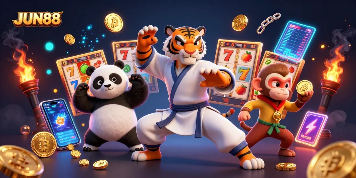 Engage with the thrilling world of JUN88 by spinning jackpot reels amidst cartoon characters.