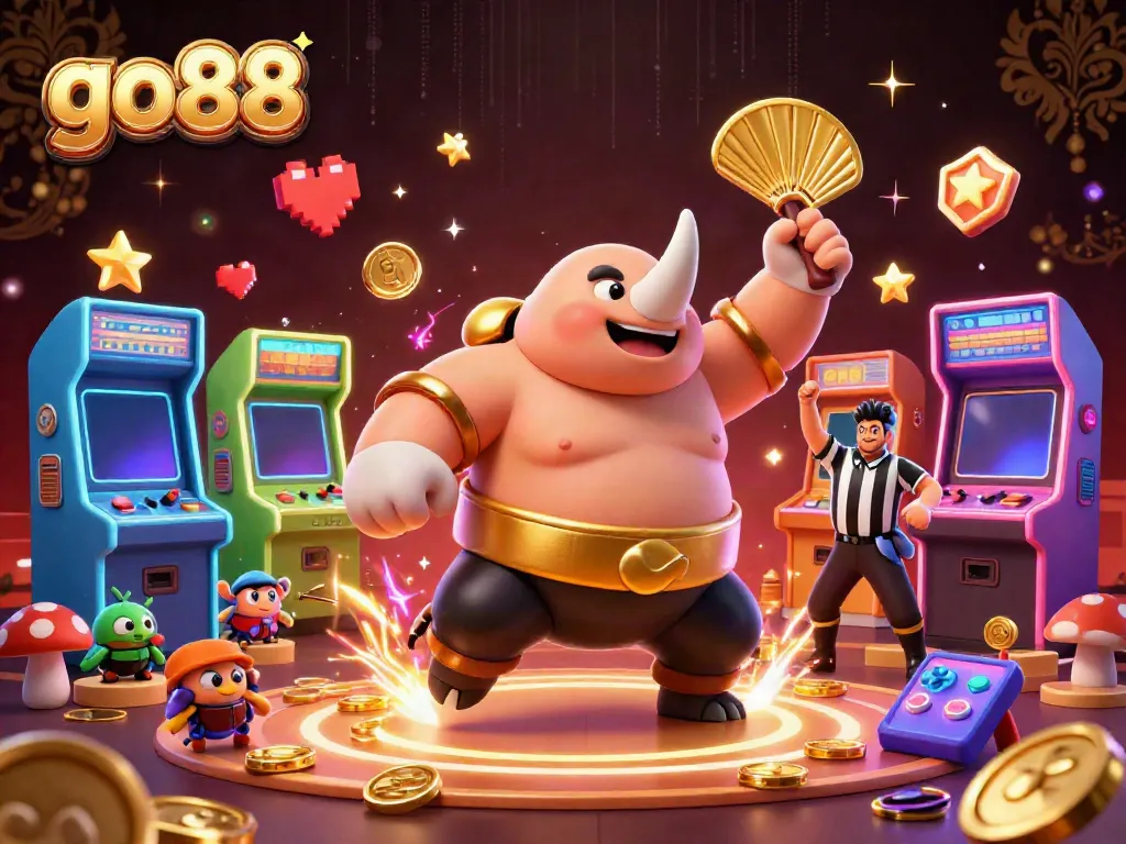 Experience the excitement of go88 with a vibrant 3D illustration of a sumo champion and game elements in a dynamic casino scene.
