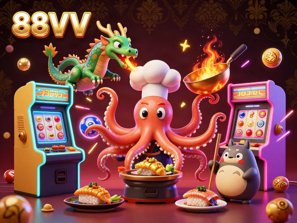 Engage in exciting gameplay at 88VV with this vibrant scene of an octopus chef, dragon, and tanuki.