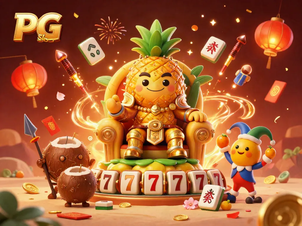 Experience PG Slot with a vibrant 3D illustration of a pineapple king and charming characters in a festive casino.