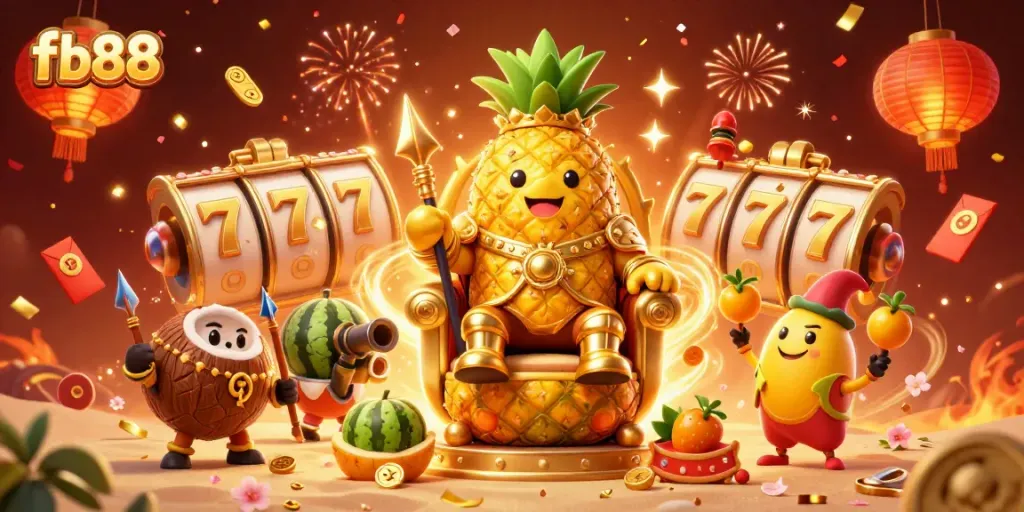 Experience casino fun with fb88’s golden pineapple king and vibrant characters in a lively beach setting.