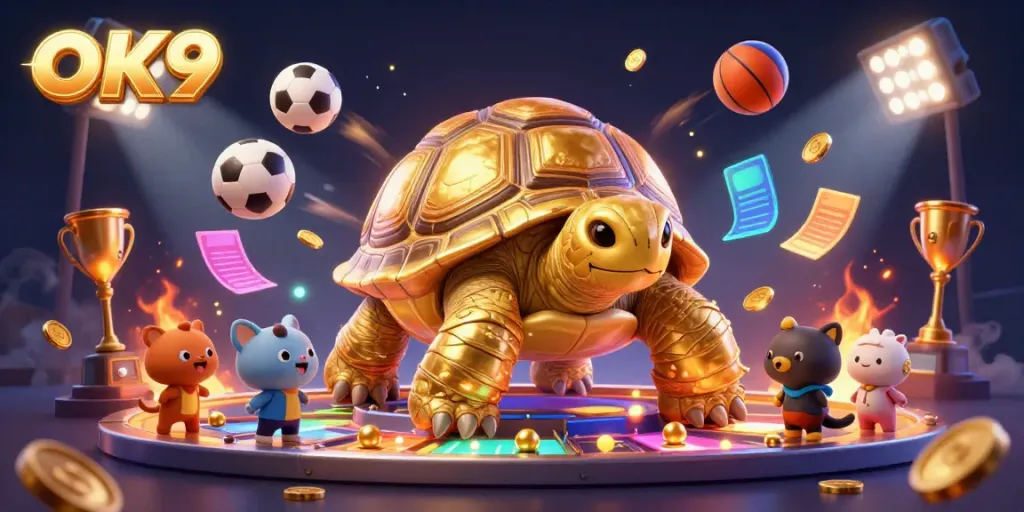Experience exciting gameplay at OK9 with a lively golden tortoise pinball, animated sports elements, and rich betting dynamics.
