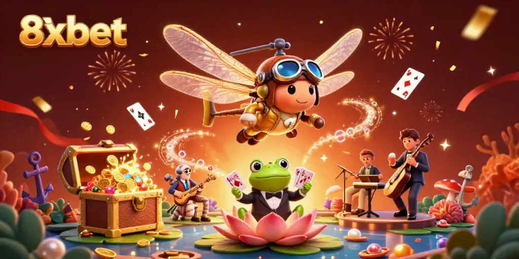 Experience the thrill of 8xbet with a vibrant casino scene featuring a dragonfly pilot and a frog croupier.
