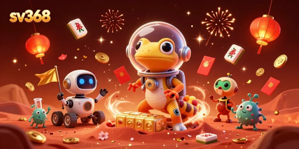 Experience the excitement of sv368 with a Martian gecko discovering a golden casino amid festive gambling elements.