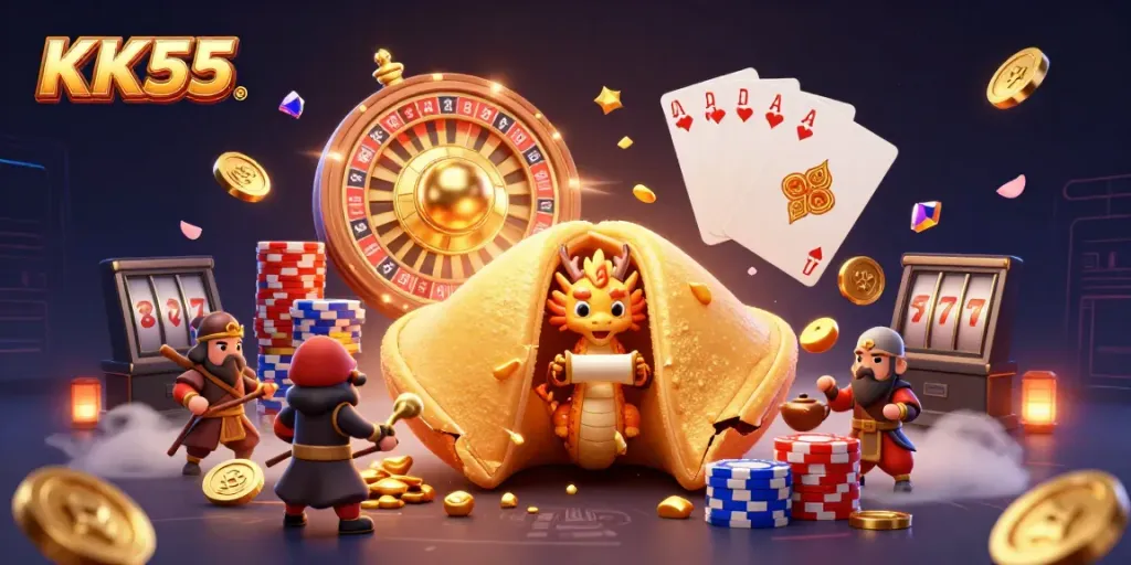Experience the thrilling world of KK55 with a 3D fortune cookie and casino elements in this lively illustration.