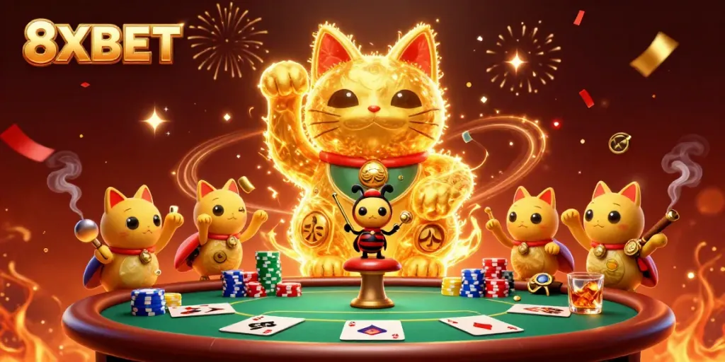 Engage with 8XBET's dynamic gaming universe featuring a giant lucky cat and vibrant casino symbols.