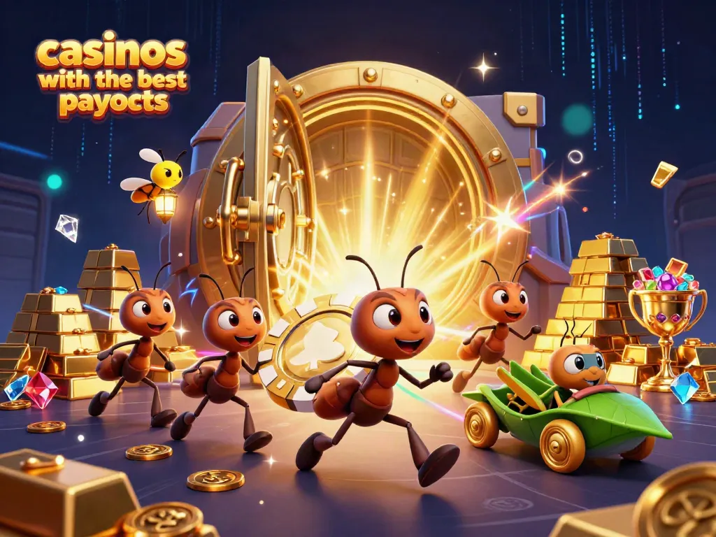 Team of ants carrying a giant poker chip at casinos with the best payouts surrounded by treasures.