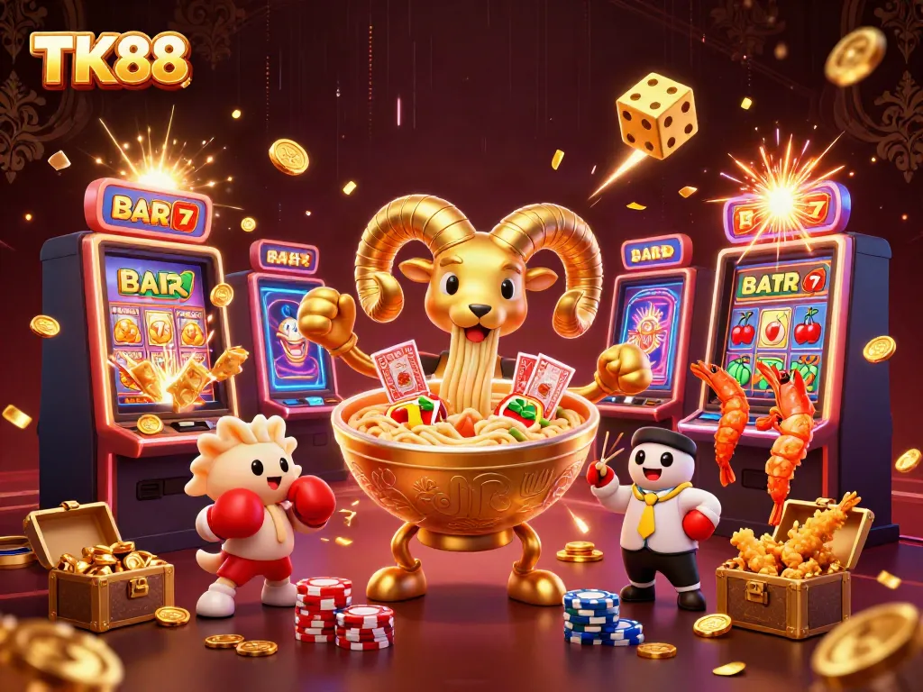 Experience the excitement of TK88 with a vibrant 3D casino scene featuring unique characters and jackpot elements.