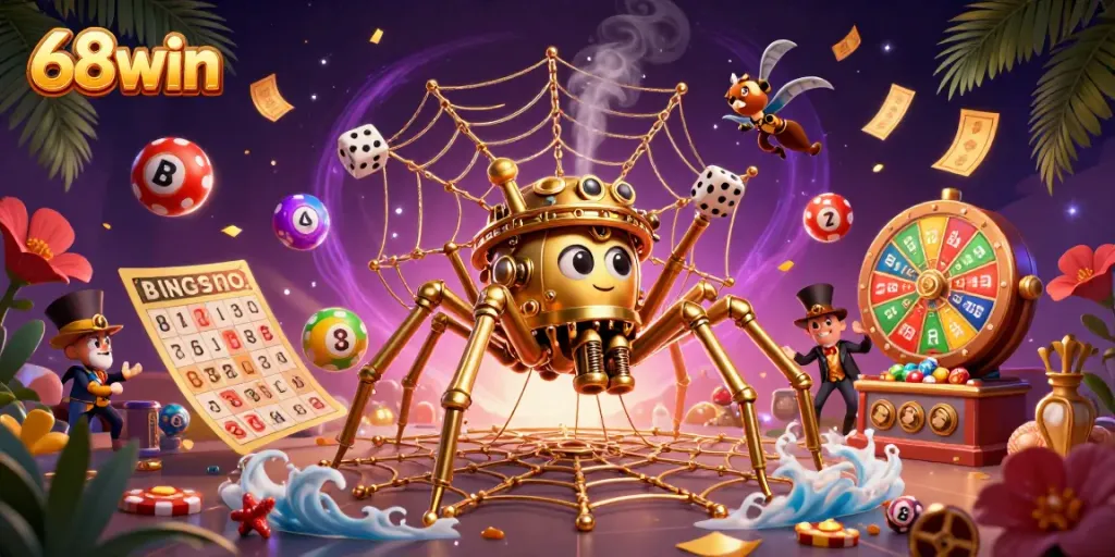 Explore vibrant games at 68win with a rich scene of gambling elements and whimsical characters.