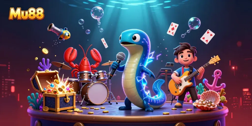 Experience Mu88's vibrant underwater casino world with an electric eel DJ and musical sea creatures.