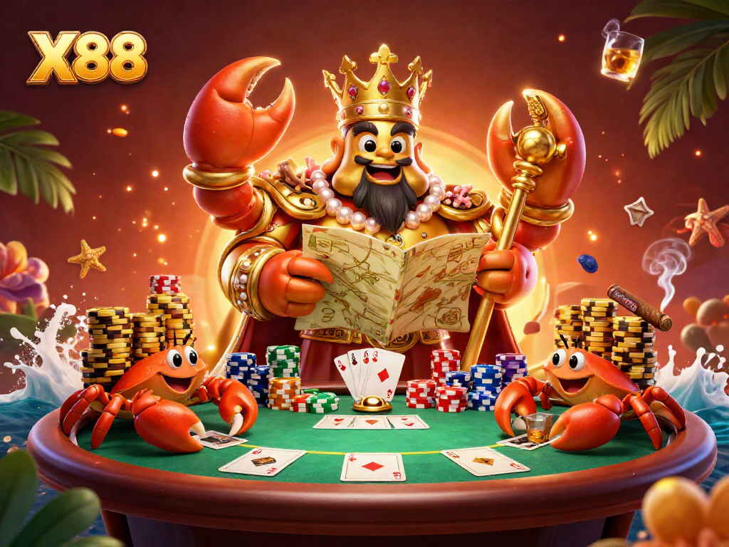 X88 showcases an intense poker face-off with vibrant characters and golden treasures in a stylish casino environment.