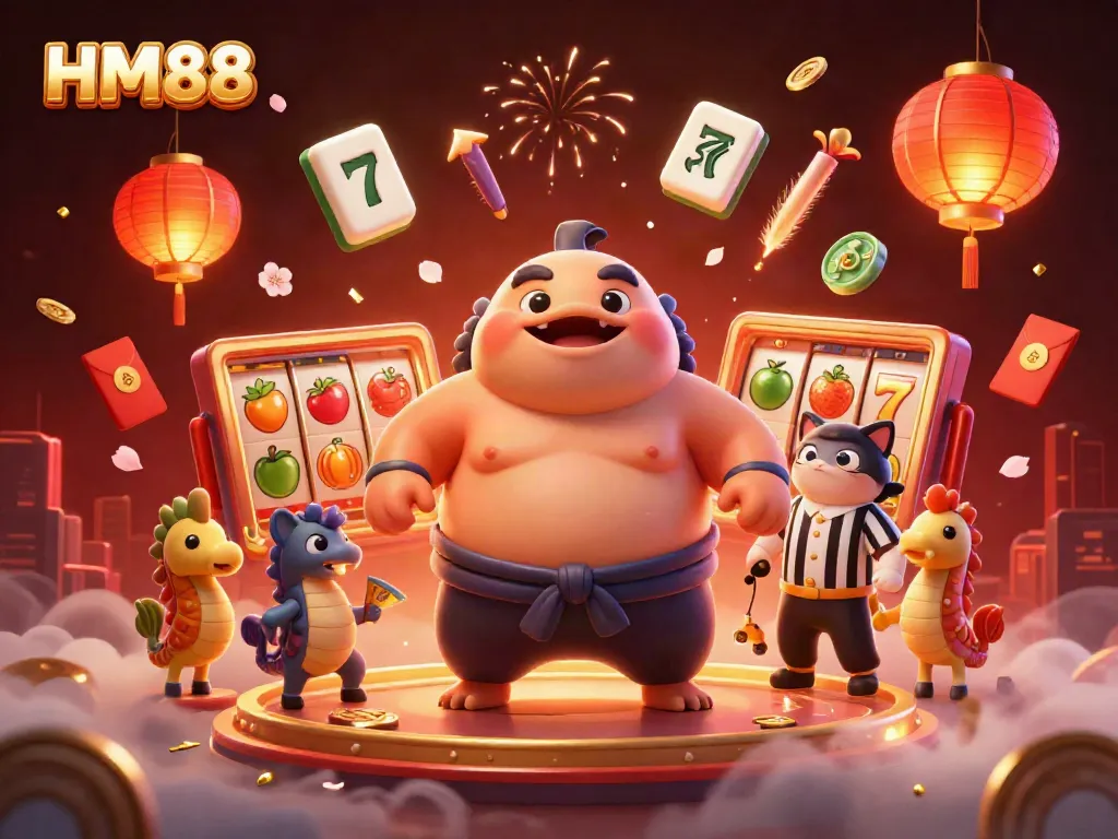 Join the excitement at HM88 with vibrant illustrations of a fugu in a sumo match amidst colorful casino elements.