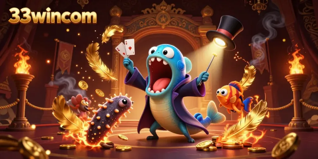 33wincom showcases thrilling underwater magic with an eel, anglerfish, and sea cucumber in a vibrant casino setting.