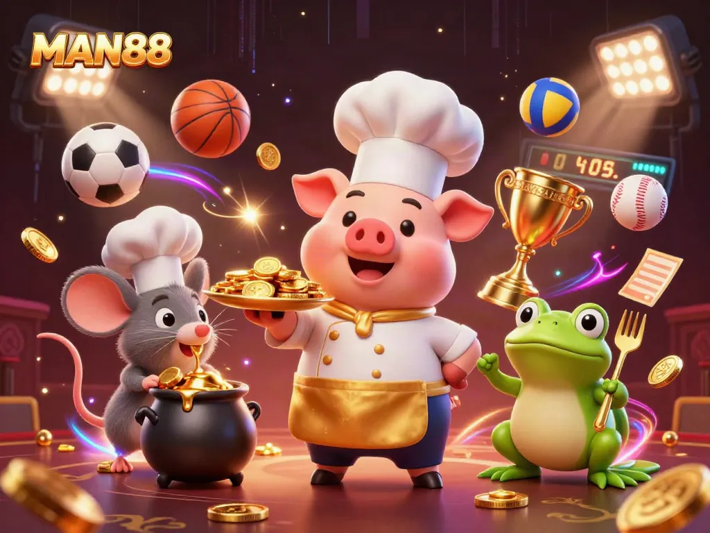 Engage with MAN88's vibrant casino scene showcasing sports balls and dynamic gaming elements.