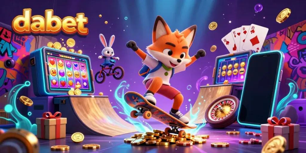 Experience thrilling gaming with dabet featuring a skateboarder fox and BMX-riding rabbit in a vibrant casino-themed scene.