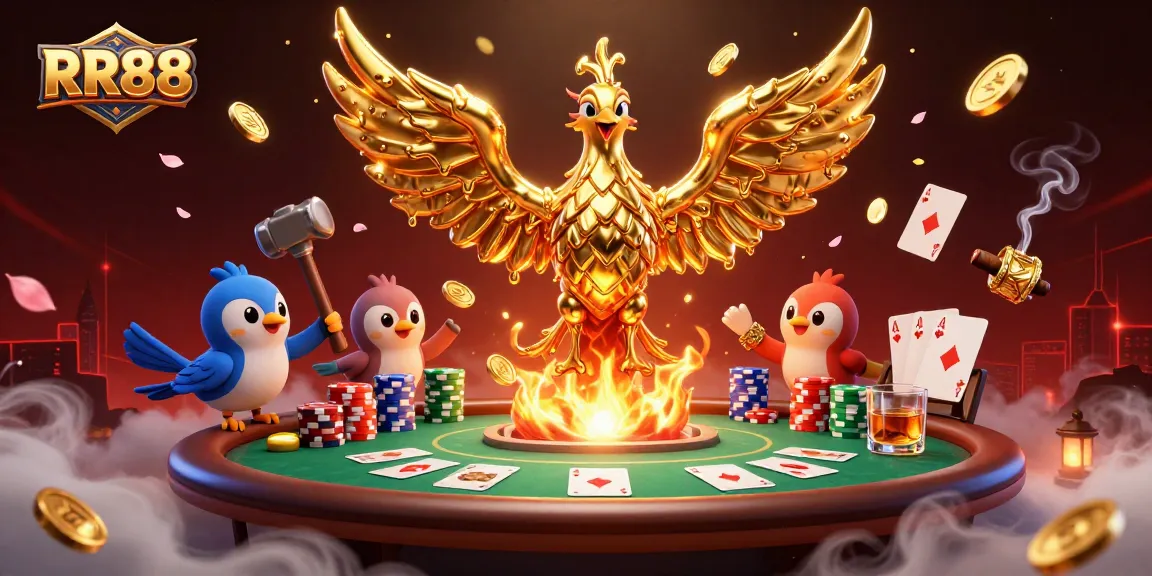 Experience thrilling poker action with RR88’s molten golden phoenix in a dynamic casino scene.