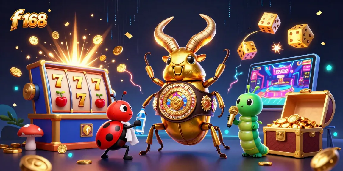 Engage in the excitement of f 168 with a giant beetle champion surrounded by vibrant casino elements.