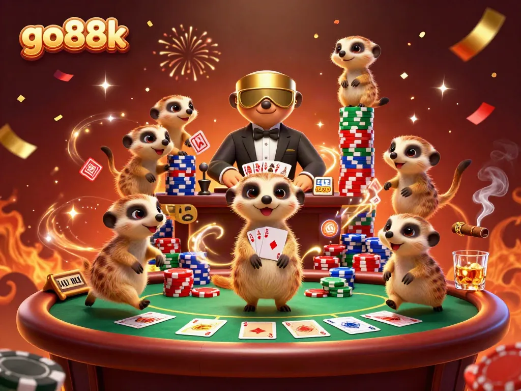 Experience the excitement of go88k through a vibrant meerkat casino scene filled with poker elements and celebratory effects.