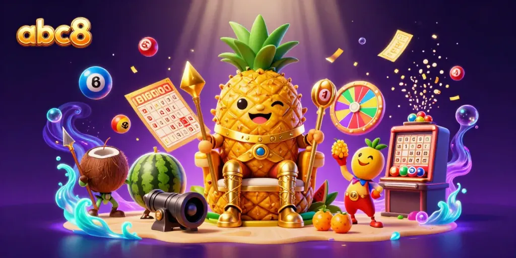 Engage with thrilling abc8 casino games in this dynamic golden pineapple-themed illustration.