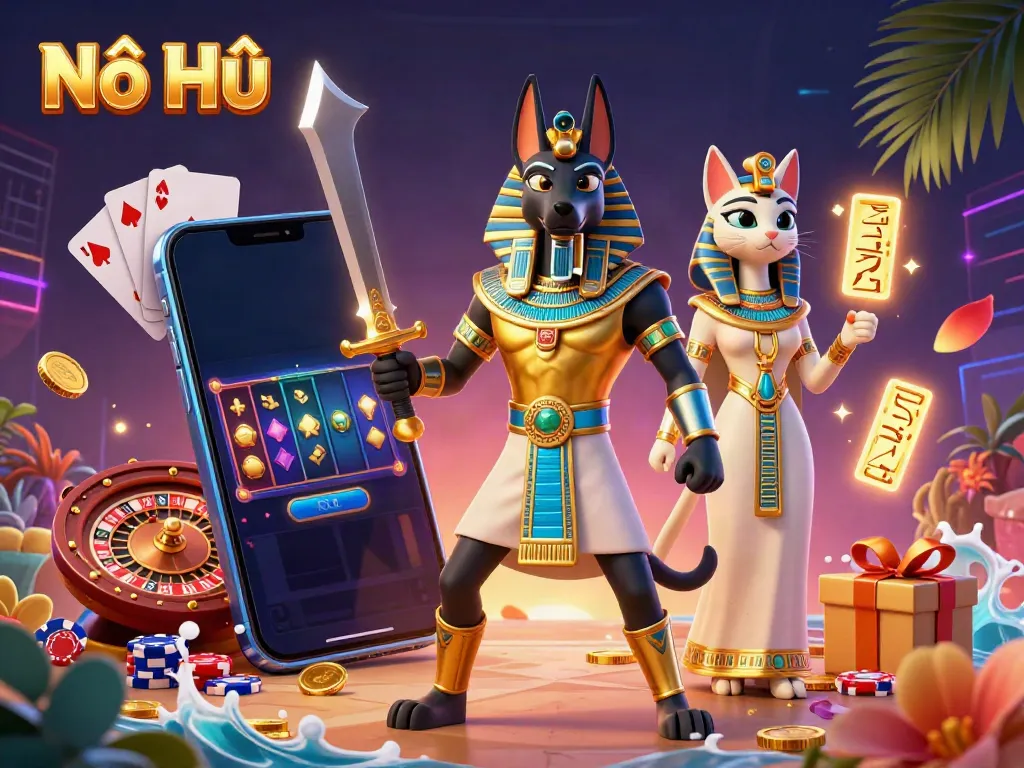 Win big with Nổ Hũ in this vibrant 3D casino-themed scene featuring Anubis and Bastet.