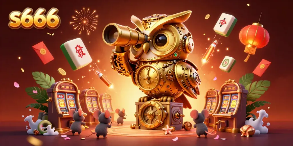 Engage in thrilling gaming adventures with s666 at a vibrant casino featuring unique characters and festive decorations.