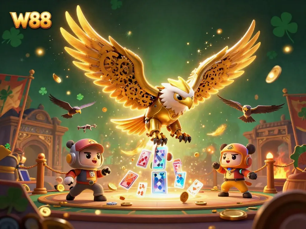 W88 embodies winning excitement as golden eagle soars through holographic playing cards in a vibrant casino scene.