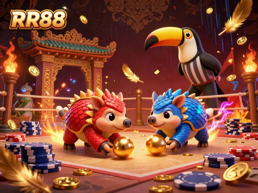 RR88 pangolins compete in a vibrant casino arena with poker chips and dynamic energy.