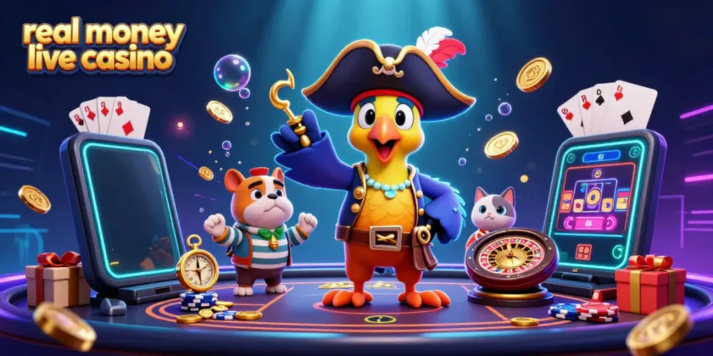 Experience the thrill of a real money live casino with pirates, decks of cards, and vibrant game elements