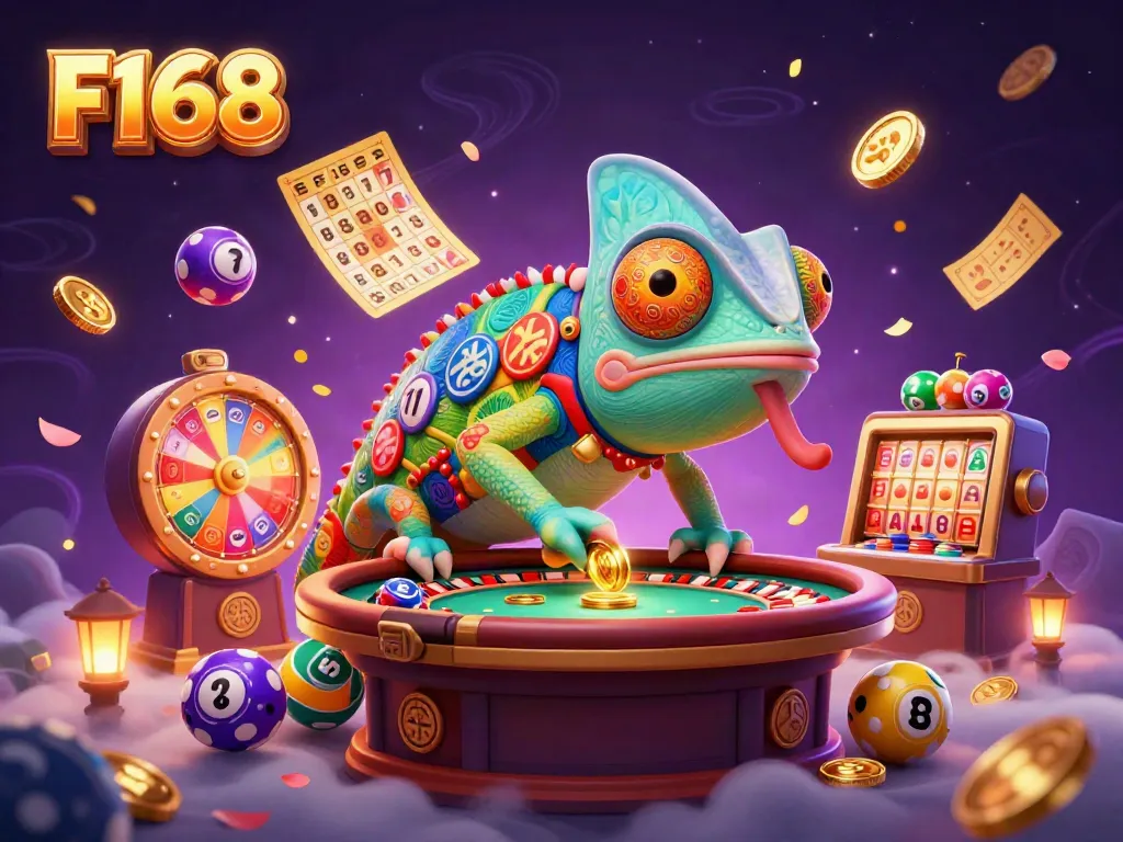 Experience thrilling casino adventures with F168’s vibrant chameleon character amidst a dynamic gaming scene.