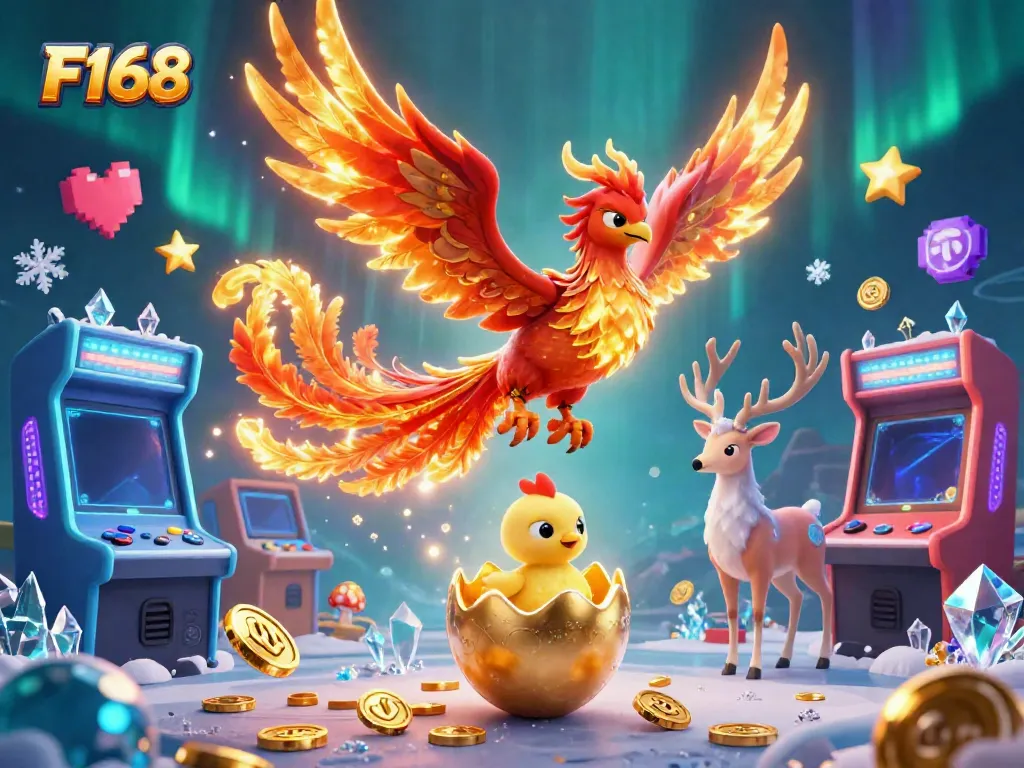 Experience thrilling gaming at F168 with a vibrant phoenix and arcade elements in a captivating atmosphere.
