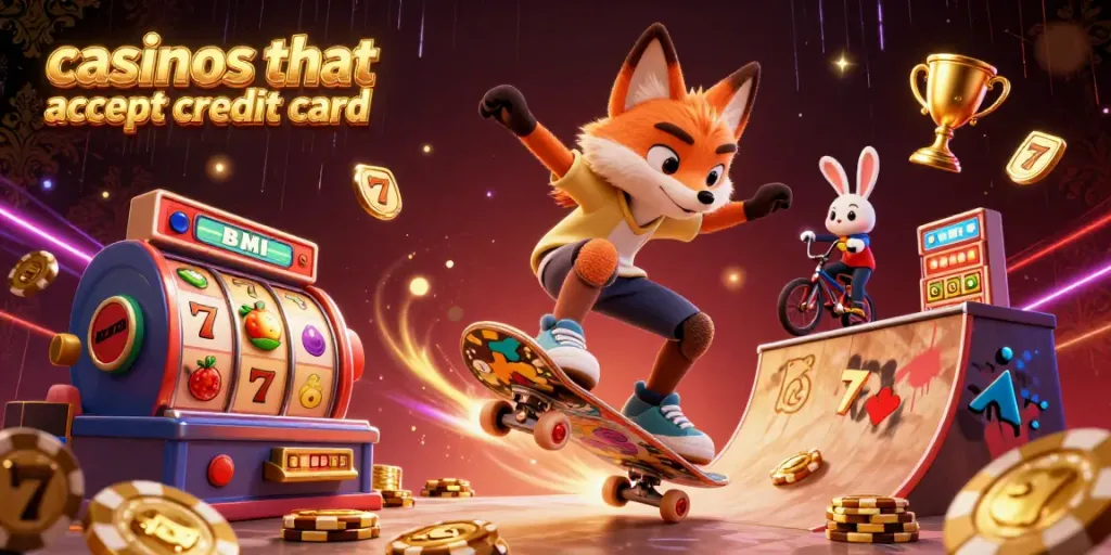 Engaging 3D scene depicting casinos that accept credit card featuring a skateboarder fox and BMX rabbit amid dynamic casino elements.