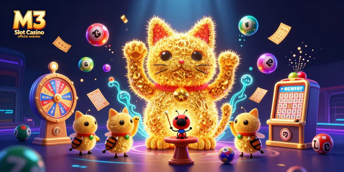 Play at the M3 Slot Casino official website with an exciting 3D illustration of dynamic gaming elements.