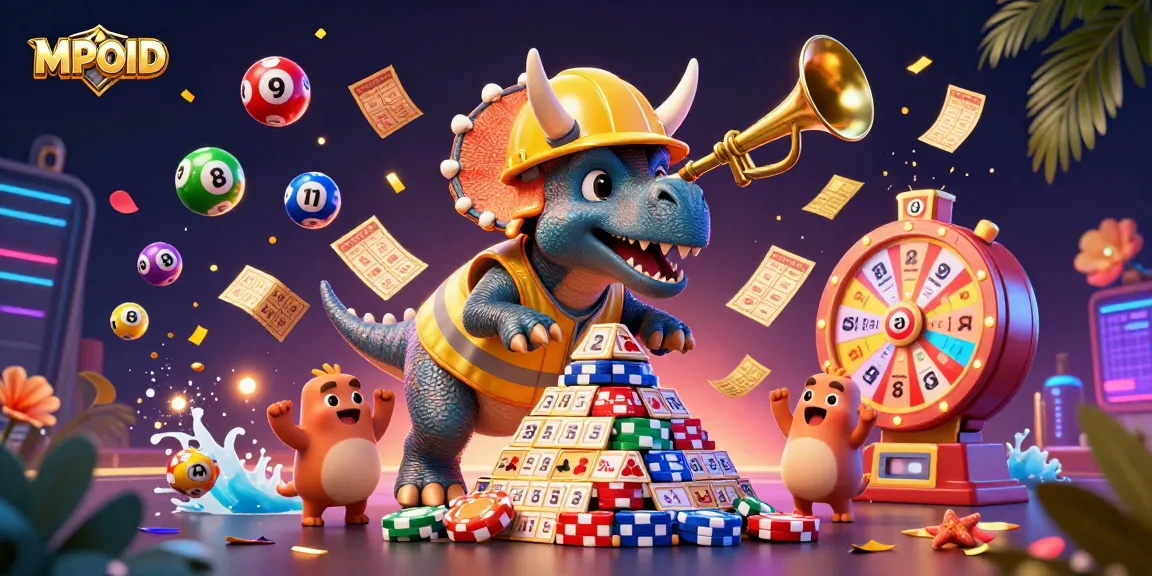 MPOID illustration showcases a triceratops building poker chips with lottery balls and vibrant game elements.