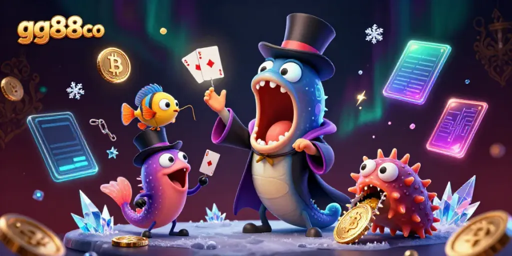 gg88co showcases a captivating magic act with underwater creatures performing casino tricks in a vibrant scene.