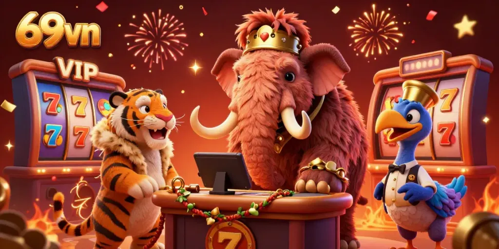 Experience the vibrant world of 69vn casino with a woolly mammoth bouncer, saber-tooth tiger guest, and slot machines amidst festive confetti.