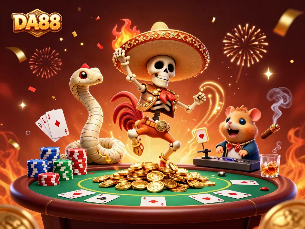 Engage in thrilling poker at DA88 with vibrant characters and dynamic casino elements.