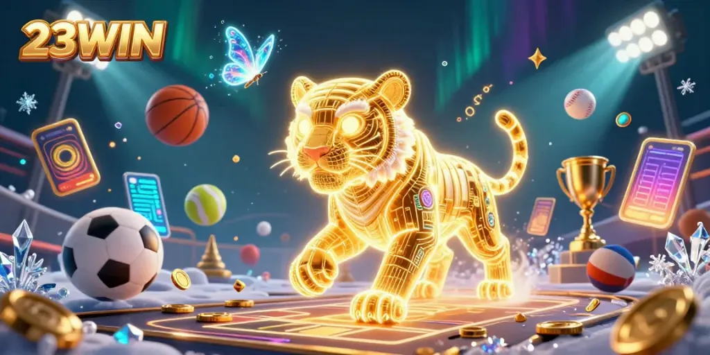 Engaging scene of 23WIN featuring a golden tiger in a digital casino, enhanced with vibrant sports elements.