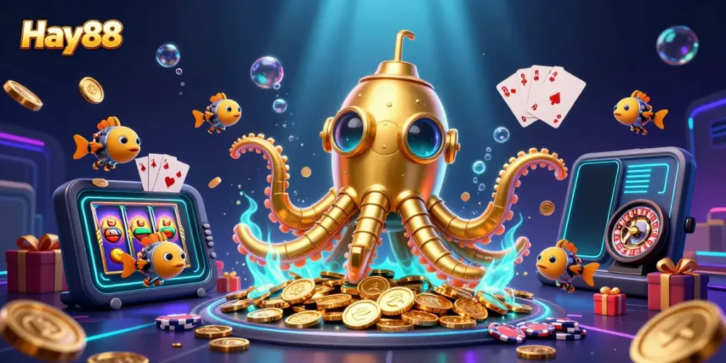 Experience Hay88's thrilling gaming world with a dynamic kraken submarine and colorful slot games.