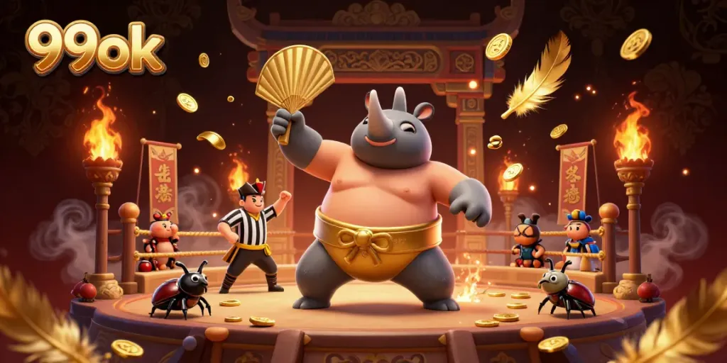 Watch 99ok's rhinoceros beetle champion stomp, sending gold coins flying in a vibrant arena.