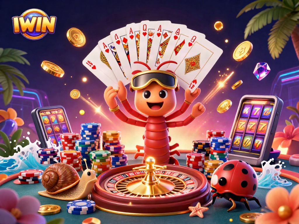 IWIN showcases a vibrant casino scene with a dynamic millipede dealer, colorful chips, and spinning roulette.