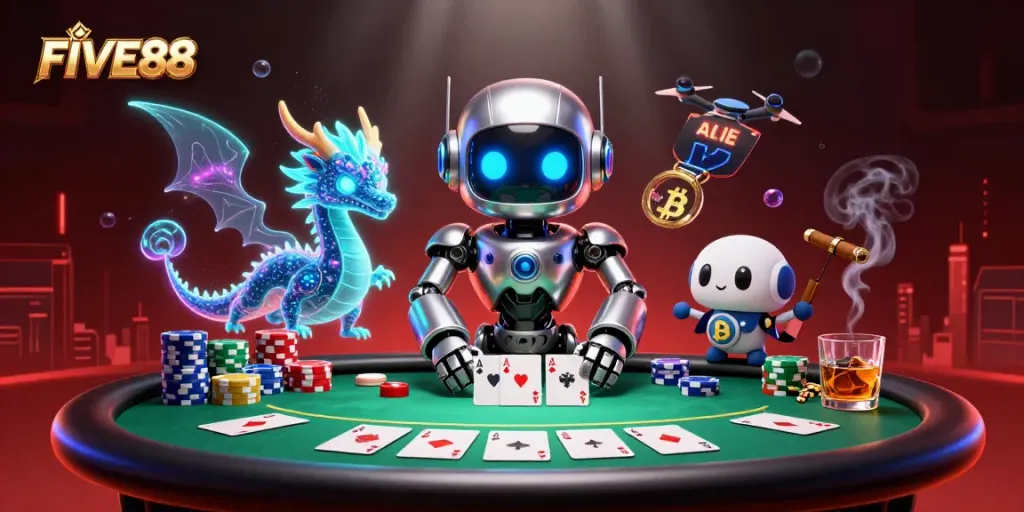 Engage in thrilling poker action at FIVE88 with vibrant casino elements and characters in a dynamic digital scene.