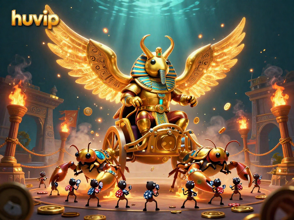 Experience the excitement of huvip casino with colorful characters and elements in a dynamic 3D illustration.