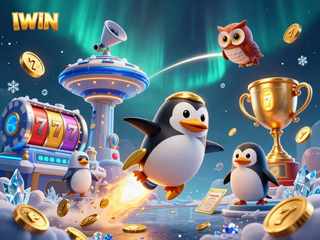 IWIN rockets through a casino-themed galaxy, with neon chips and golden coins, illustrating thrilling gaming.