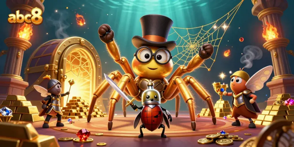 Experience the thrilling world of abc8 with a golden tarantula and beetle knight in a vibrant casino scene.