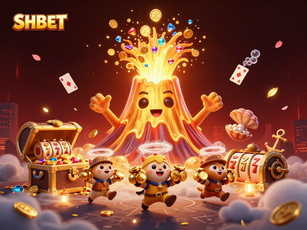 Experience the thrill of SHBET with a vibrant 3D illustration of a golden volcano, treasure, and slot reels.