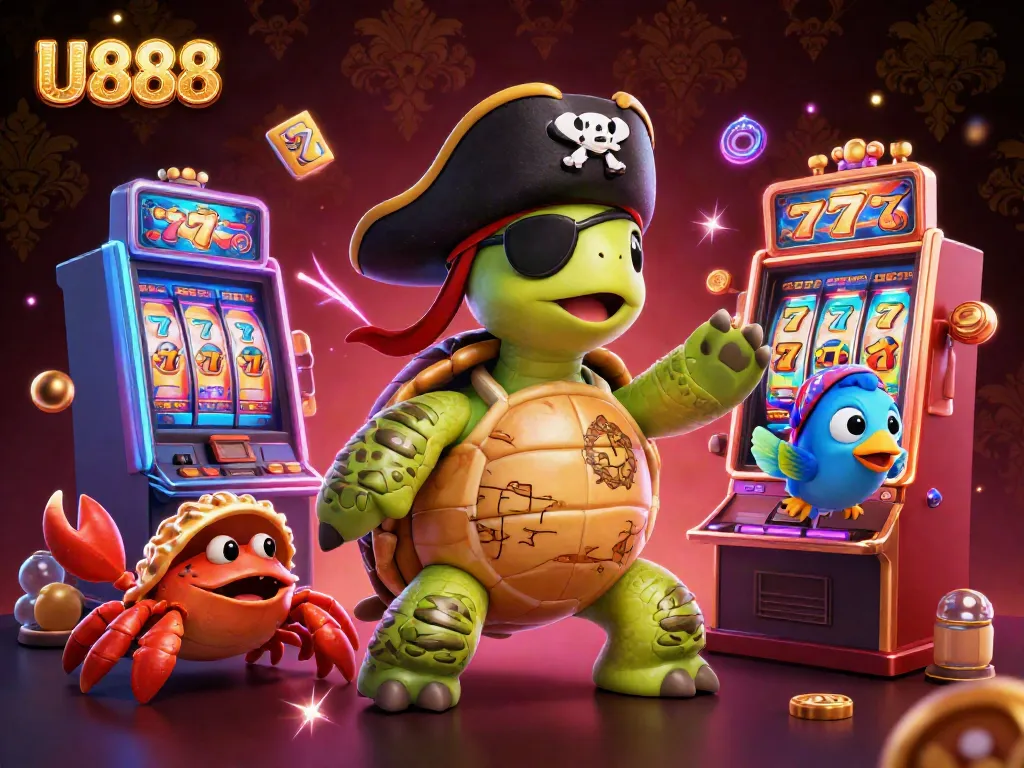 U888 pirate turtle immersed in slot machines and glowing reels, depicting excitement and adventure.